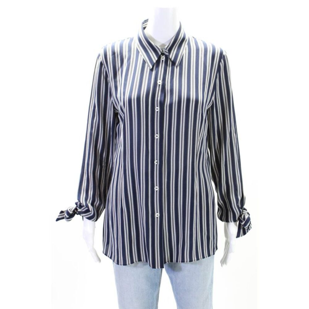 Michael Kors Womens Striped Collar Long Sleeve Button Up Blouse Top Navy Size 10